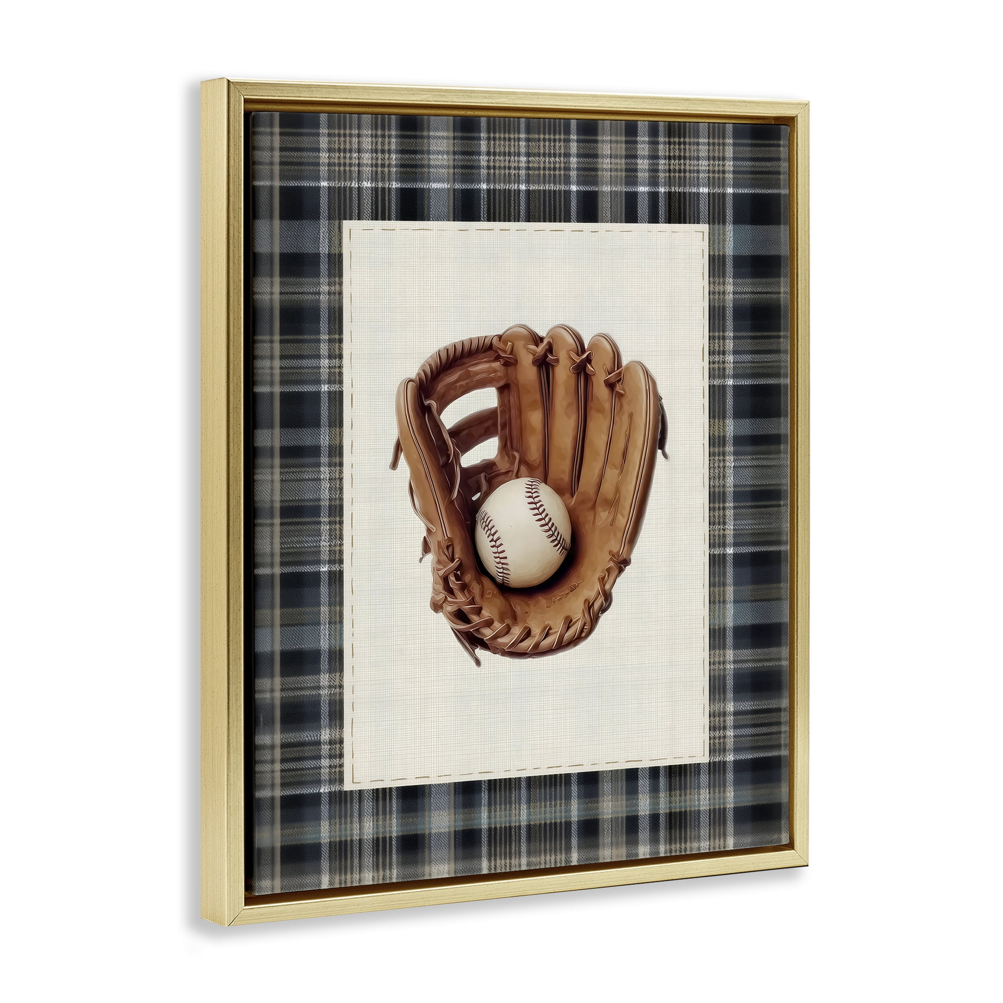 Stupell Industries Baseball Glove with Plaid Gold Framed Floater Canvas Wall Art, design by Arlington Prints