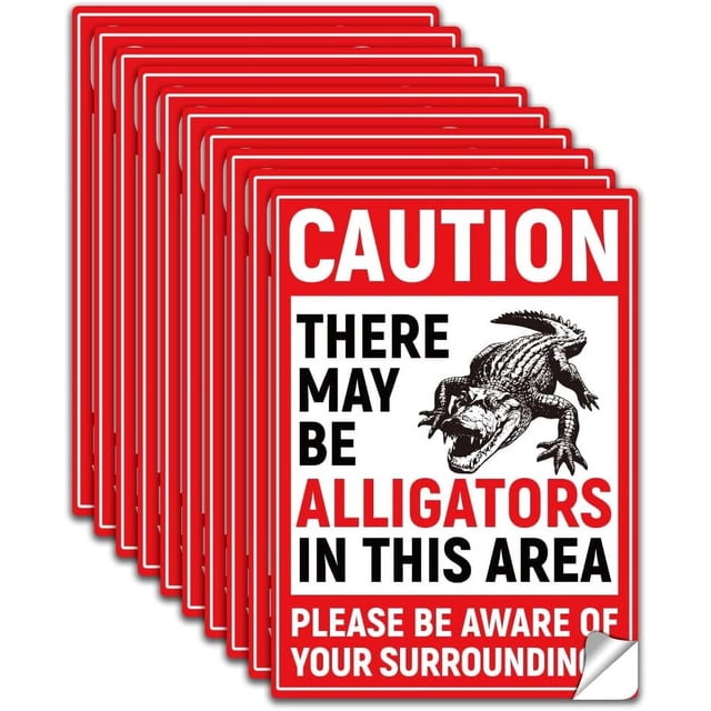10Pcs Caution Alligators May Be in Area Sign Sticker PVC Waterproof Self Adhesive Caution There May Be Alligators in Area Warning Stickers Decal for Business Outdoor 5.1x7.1 Inch