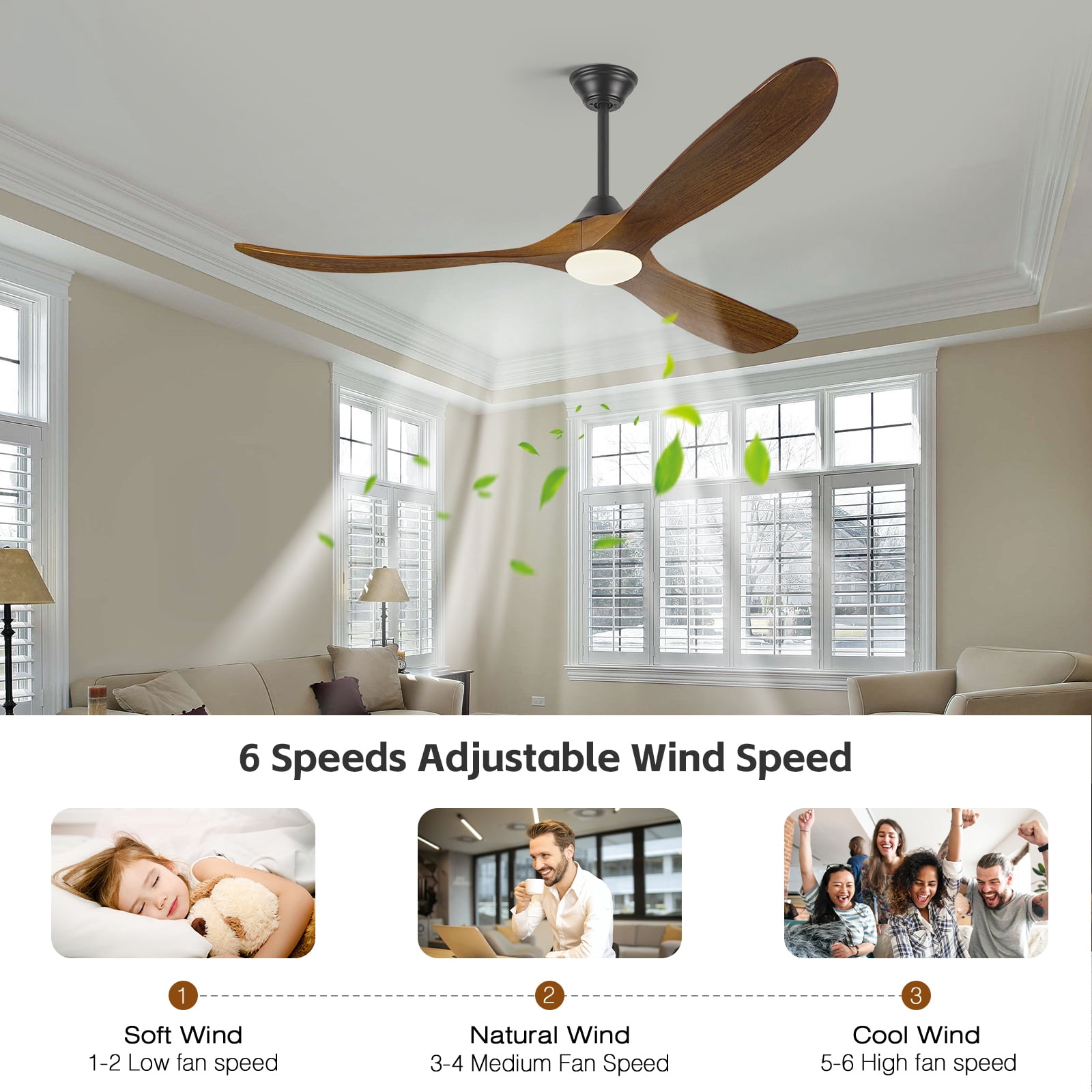 70 inch Large Outdoor Ceiling Fan with Light for Patio, 3 Blades Wooden Propeller Design, Rustic Farmhouse Style in Brown, Smart Remote/APP/Alexa Control, Indoor High CFM DC Motor for Big Living Room