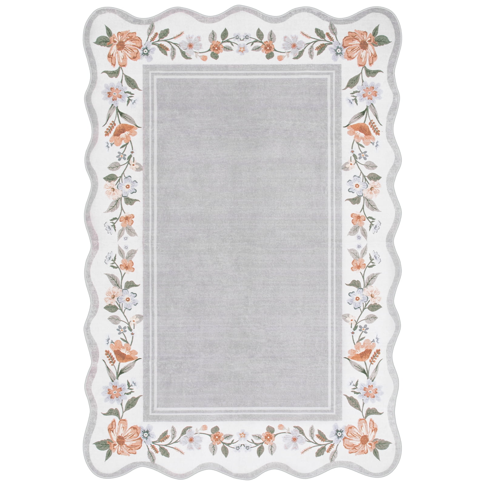 Lahome 2'x3' Grey Boho Floral Washable Small Rug,Ultra-Thin Scalloped Rug, Non-Slip & Stain Resistant,Soft Low-Pile Mat for Kitchen, Bathroom, Bedroom Front Door Indoor Entrance (2x3ft,Grey)