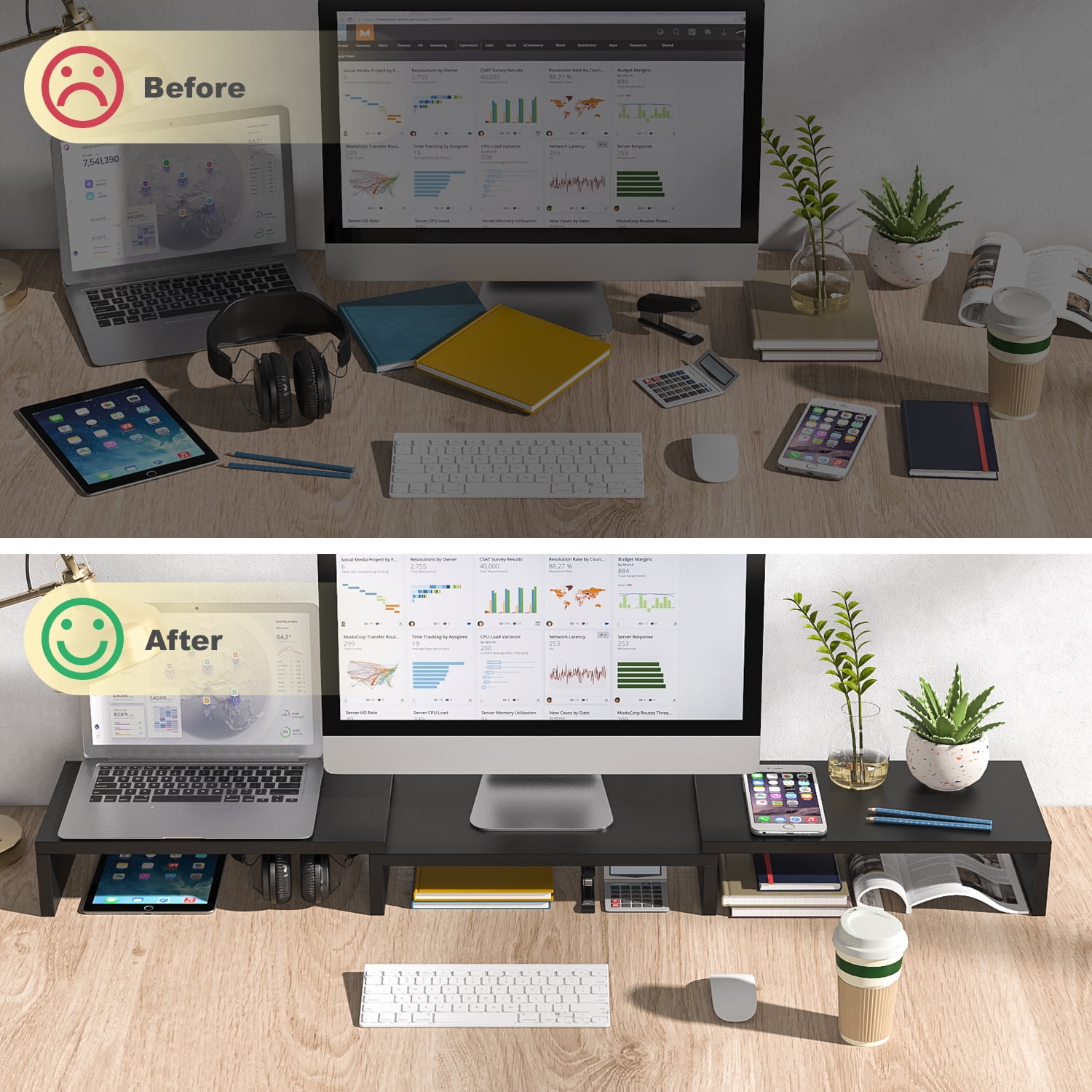 RTVR Dual Monitor Stand Riser Office Desktop Organizer Stand for 2 Monitors, Adjustable Length & Angle 3 Shelf Extra Long for TV Computer Laptop Black