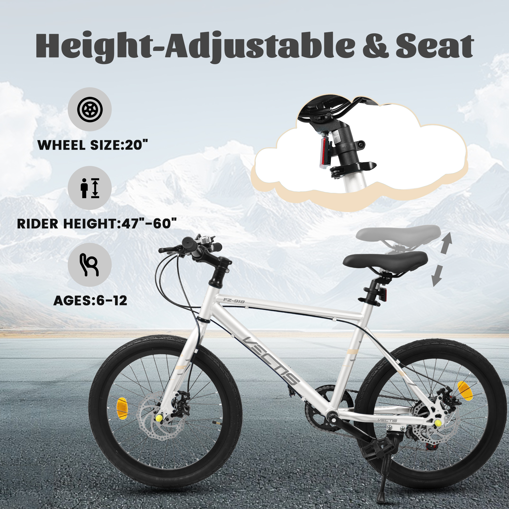 Aukfa 20" Kids Bike for Boys Girls,7-Speed Steel Frame,Dual Disc Brakes,White