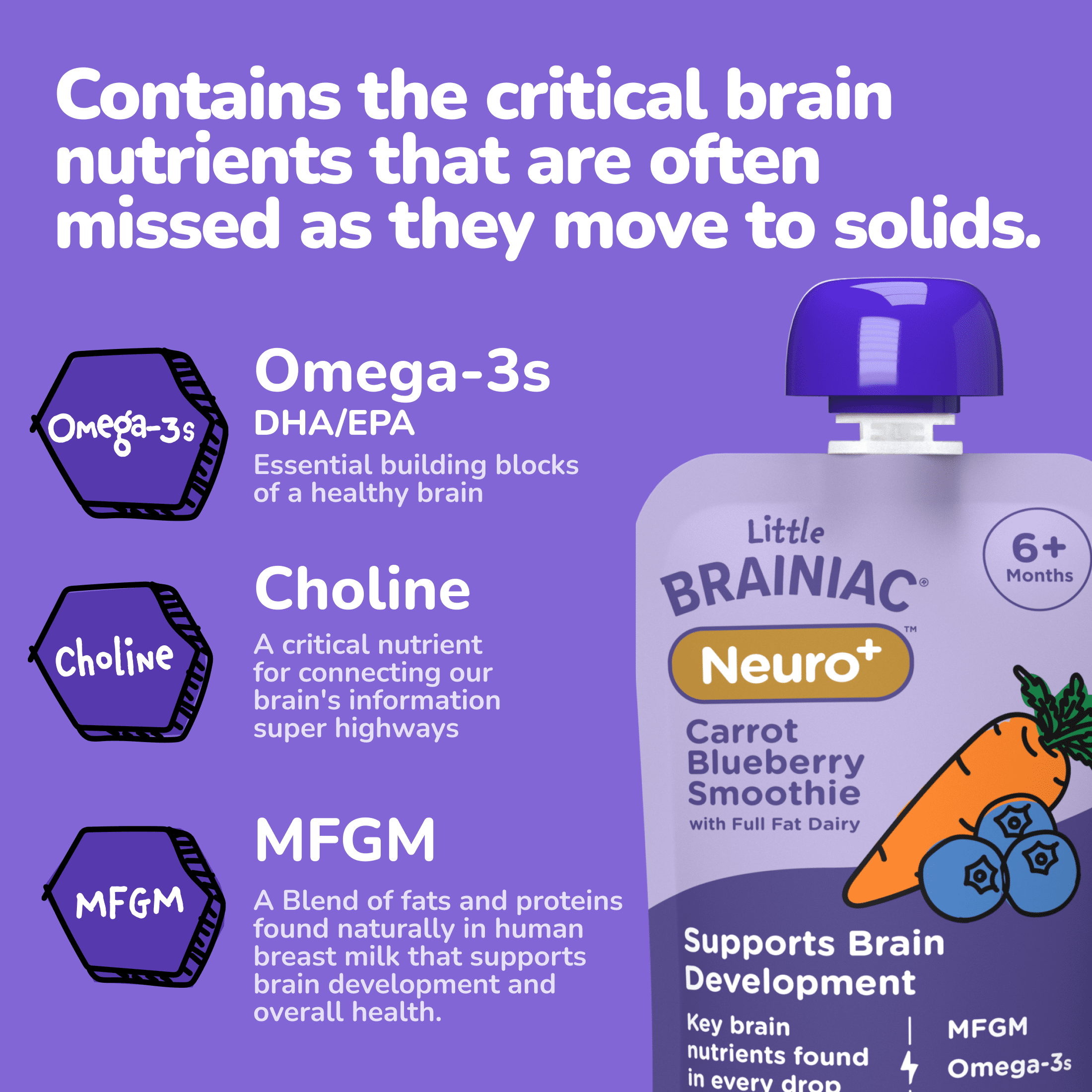 Little Brainiac Neuro+ Smoothie Baby Food Pouch with Omega-3s, Blueberry Carrot, 3.5oz, 6ct