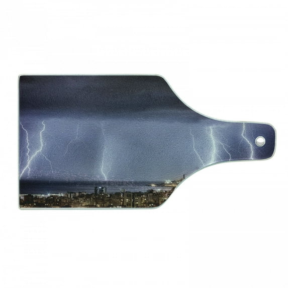 Nature Cutting Board, Majestic View on Coastal Town in Dark Stormy Night Giant Rain Cloud and Photo, Decorative Tempered Glass Cutting and Serving Board, Wine Bottle Shape, Multicolor, by Ambesonne