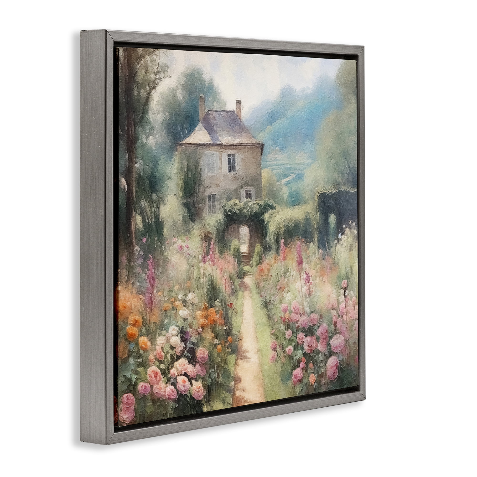 Stupell Industries Blooming Cottage Path Landscape Painting Gray Floater Framed Canvas Art Print Wall Art, 25 x 25