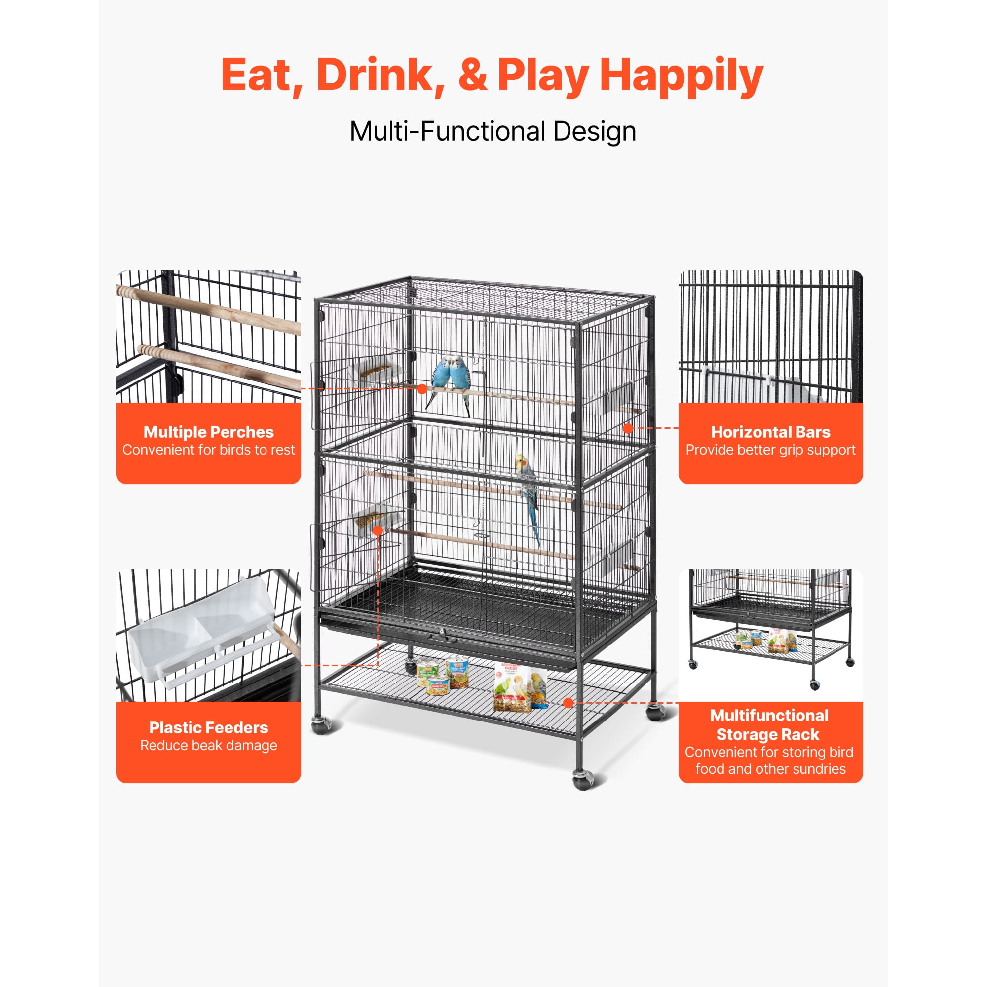 KFFKFF Bird Cage, 31.5 x 20.5 x 52 inch, Flat Top, Durable Wrought Iron Design with Perches, Removable Tray, Plastic Feeders, and Casters, Suitable for Parrot, Blue Tit, Cockatiel, Canary
