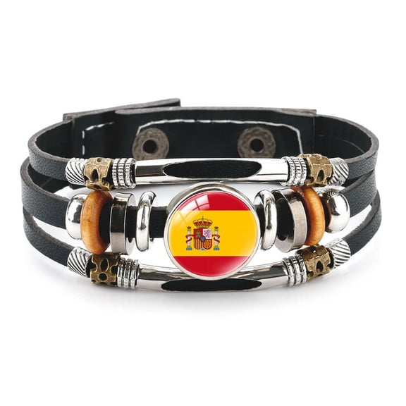 Uijokdef Country  Flag Leather Bracelet, Multi-Layer Black Cowhide Design, 7.87 Inches