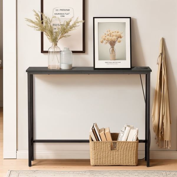 39.4" Narrow Console Sofa Table - Oak Wood & Black Metal, Adjustable Feet, Stable Metal Frame for Living Room, Behind Sofa, Apartments, Dorms