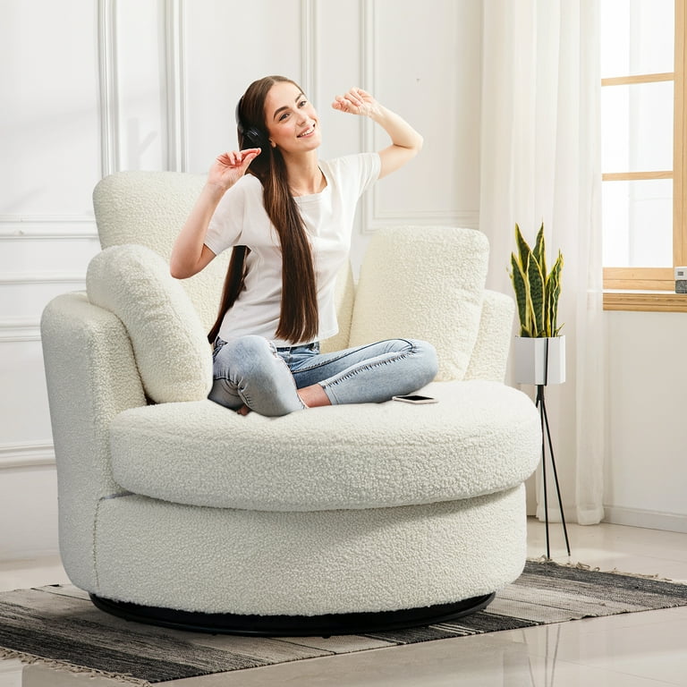 Muumblus 42.2 W Large Swivel Chair Modern Oversize Accent Barrel Chair Comfy Round Armchair for Living Room Ivory
