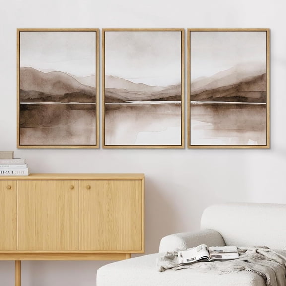 Abstract Mountain Lake Landscape Neutral Wall Art Minimalist Modern Farmhouse Set 3 Unframed Paper Print 8x12