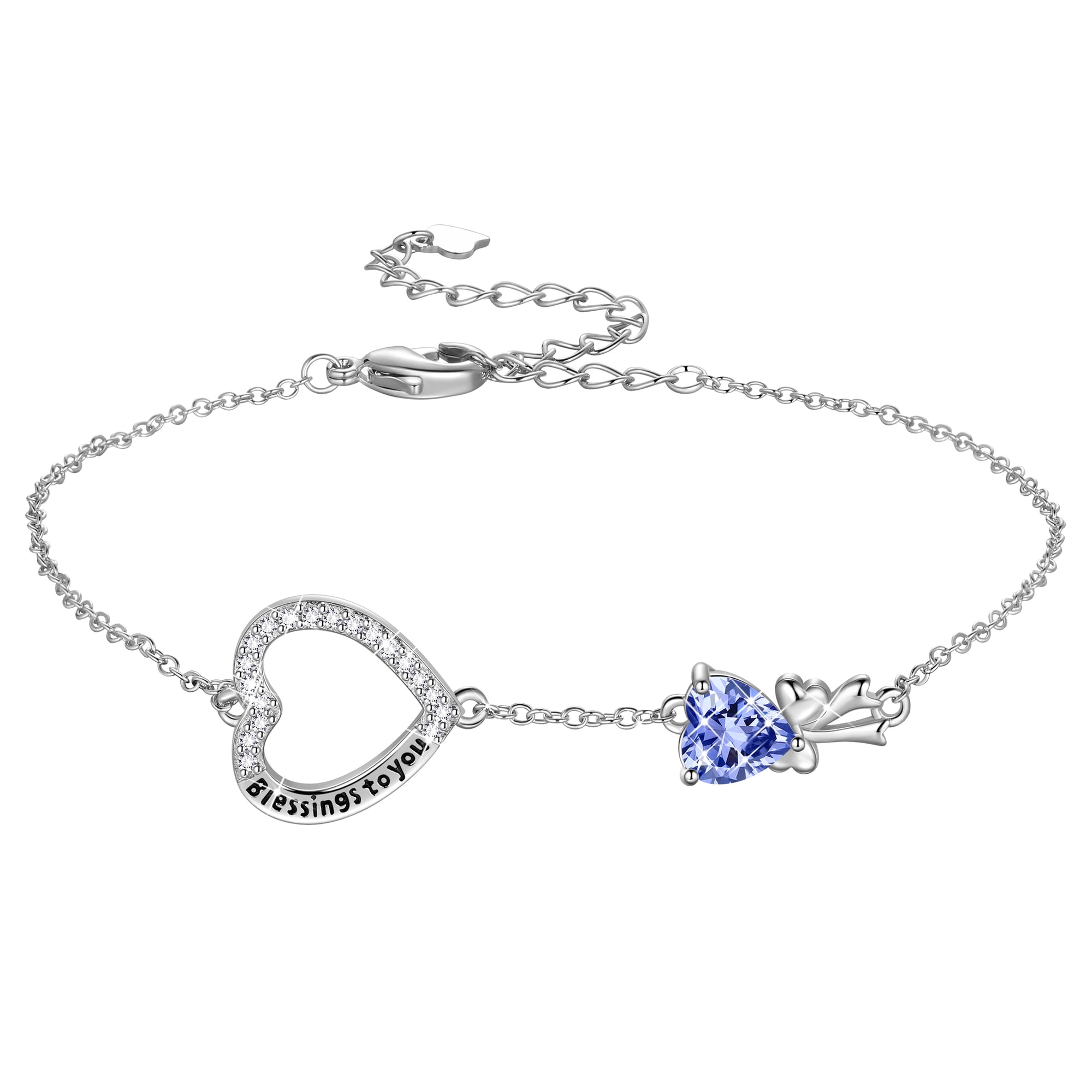 Fasjewly 925 Sterling Silver Heart Charm Bracelet, Bow Knot Crystal Birthstone Bracelets Jewelry Christmas Birthday Valentine's day Gift for Women/ Her /Mom