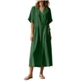 thumbnail image 6 of Bxsruta Women's Wrap V Neck Midi Dress Button Front Short Sleeve Loose Fit Casual Faux Linen Summer Dress Breathable Lightweight Versatile Everyday Flattering, 6 of 8