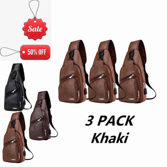 FEOLGEHLY 3 Pack Faux Leather Sling Bags, Small Crossbody Bagss for Men Women, Shoulder Bags Backpack Chest Daypack with Earphone Hole Adjustable Strap for Hiking Outdoor Travel Daily Use, Khaki