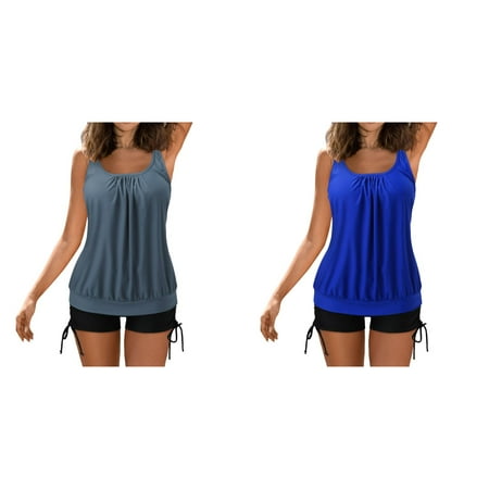 Kcodviy 2 Pcs Tankini Swimsuits for Women Swim Tops for 2 Piece Bathing Suits Teen Swimming Suits Tops with Boyshorts Loose Womens Bathing Suit Shorts and Tops Fit Swimwear