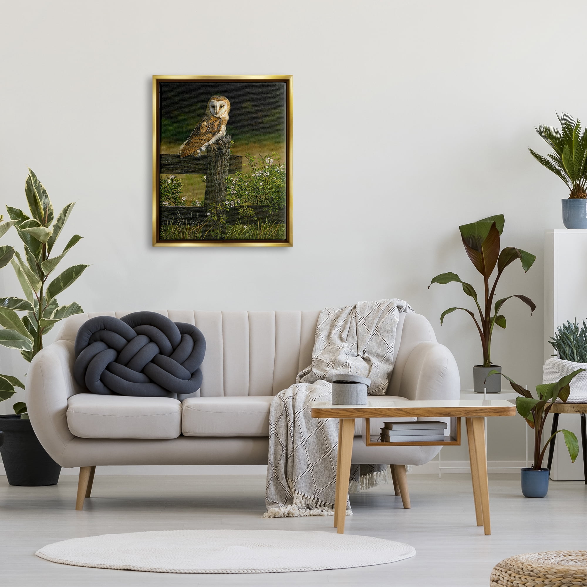 Stupell Industries Barn Owl on Fence Animals & Insects Painting Gold Floater Framed Canvas Art Print Wall Art, 25 x 31