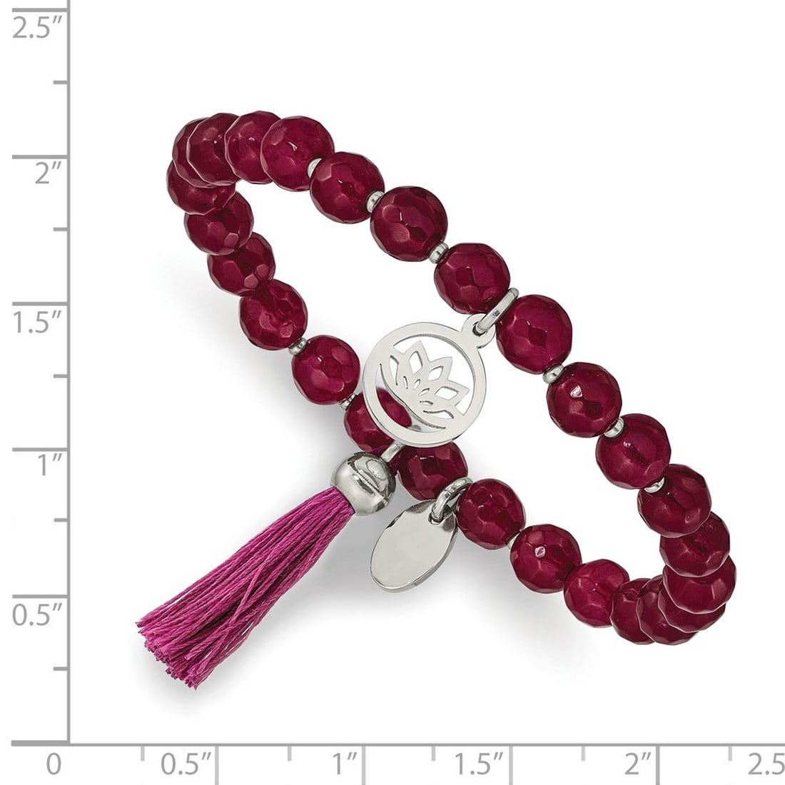 Stainless Steel Polished Lotus 6mm Pink Dyed Jade Beaded Stretch Bracelet With Tassel Stretch Bracelet for Women