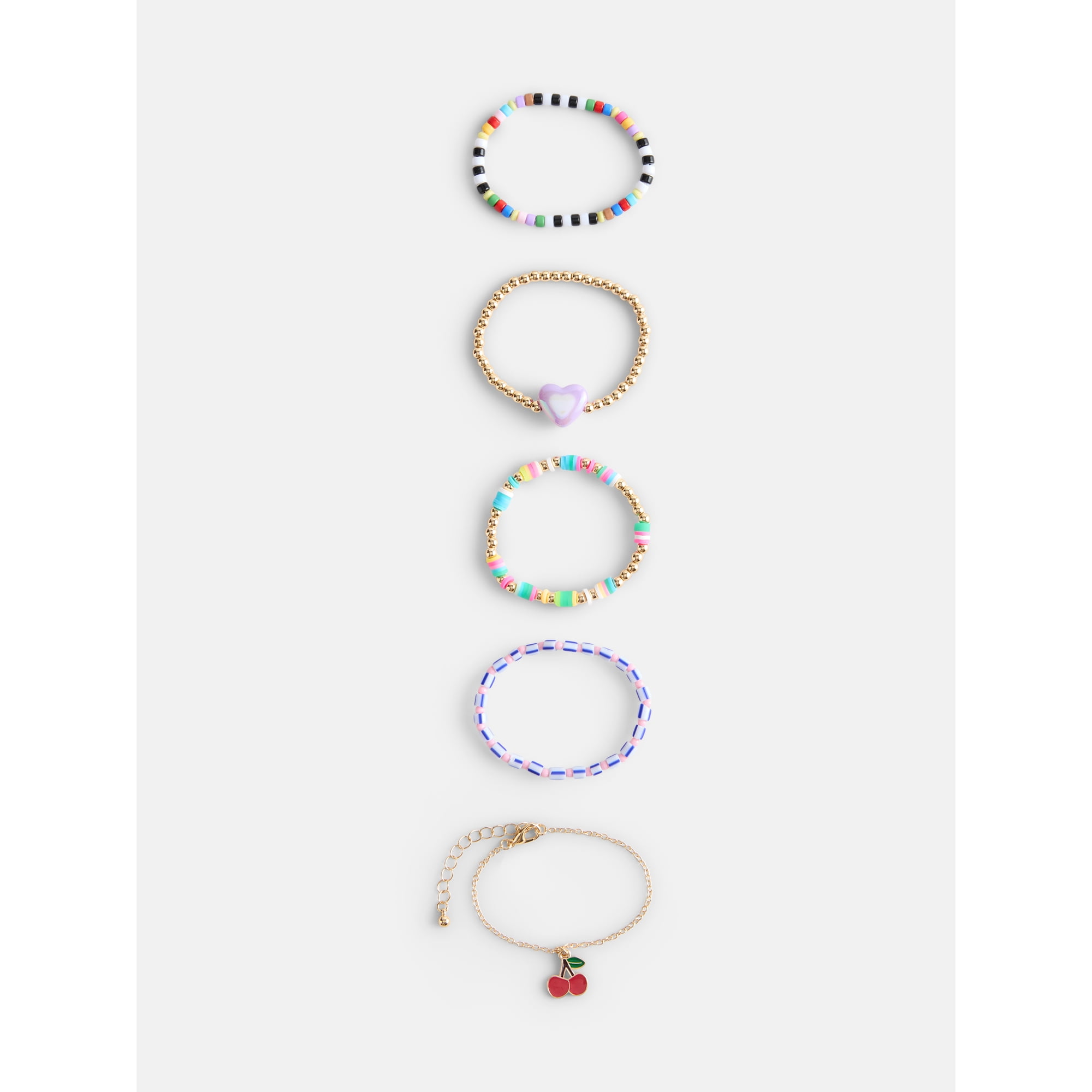 Wonder Nation Girls 5-Pack Cherry Bracelet Set, Gold/Multi