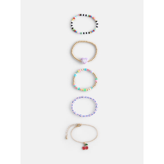 Wonder Nation Girls 5-Pack Cherry Bracelet Set, Gold/Multi