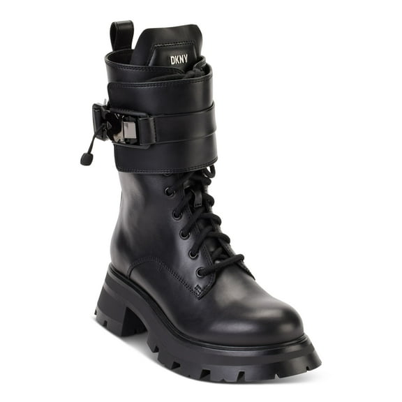 DKNY Womens Black 1" Platform Buckled Sava Round Toe Block Heel Lace-Up Leather Combat Boots 9.5 M
