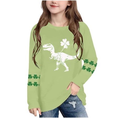 Girls St. Patrick s Day Dinosaur T-Rex Four Leaf Clover Long Sleeve Shirt Soft Stretchy Casual Curved Hem Crewneck Spring Top Mint Green Size 4 T
