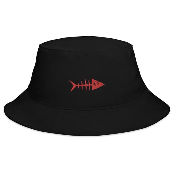 Clishirt Adult Unisex Embroidered Red Fish Cotton Black Bucket Hat