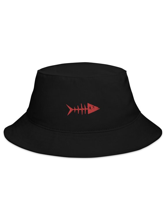 Adult Unisex Embroidered Red Fish Cotton Black Bucket Hat