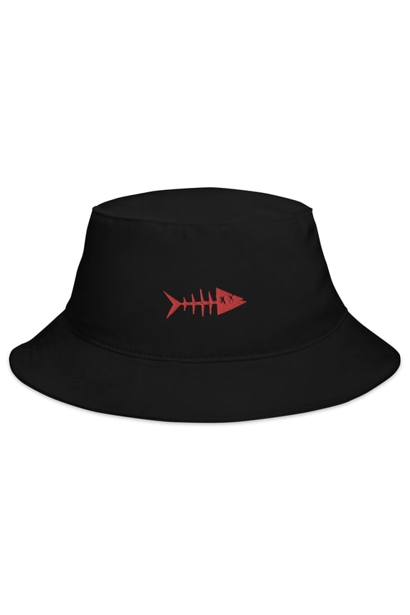 Adult Unisex Embroidered Red Fish Cotton Black Bucket Hat