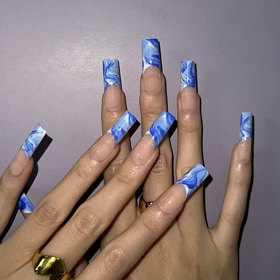 Square Press on Nails Extra Long Fake Nails Squoval Glue on Nails Blue Wave Acrylic Nails with Design for Women and Girls U01Blue 0.04 Fl Oz (Pack of 24)