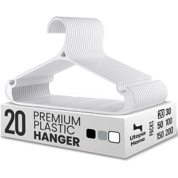 Utopia Home Plastic Hangers 20 Pack – Non-Slip with Pants Bar White | Heavy duty | Non-slip shoulder grooves & notches | Anti-slip pants bar for increased grip