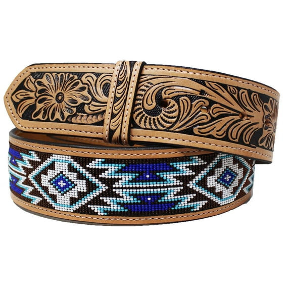 42 Western 2" Wide Floral Tooled Beaded Inlay Genuine Leather Belt 26FK33U2