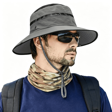OQRKI Men S Beach-Sun-Hat Upf50+ Wide-Brim Sun-Protection Mesh-Fishing Hat Outdoor Foldable-Bucket Safari Hat Boonie Cap Fisherman Hat
