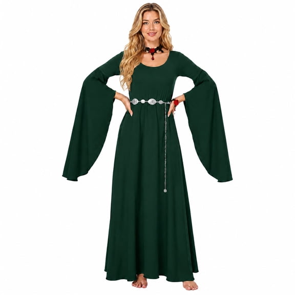 Medieval Halloween Costume Maxi Dress for Women, Round Neck Batwing Sleeve Spliced Long Dress Flared Hem Costume Gown, Medieval Halloween Costume, Medieval Costume Dress
