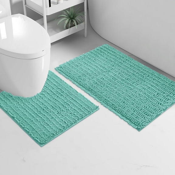 2 Piece Set Blue Soft Cozy Plush Chenille Bath Mat Bathroom Rug