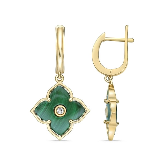 Malachite Flower Dangle Drop Earrings for Women with Cubic Zirconia in 925 Sterling Silver with Yellow Gold Plating Hinged Back by Lavari Jewelers
