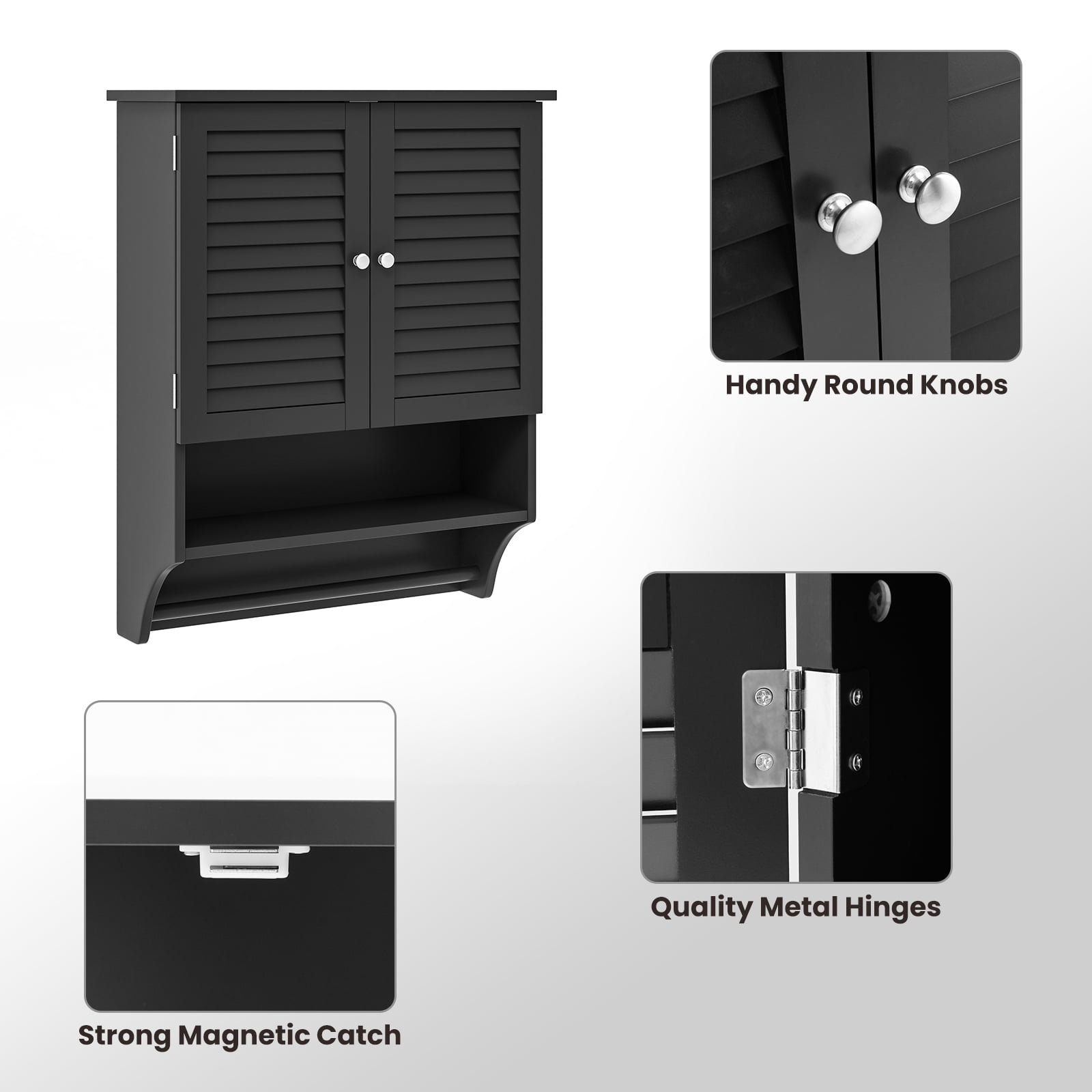 Giantex Wall Mounted Bathroom Cabinet w/Bar, Medicine Cabinet w/Double Louvered Doors, Storage Cabinet, Black
