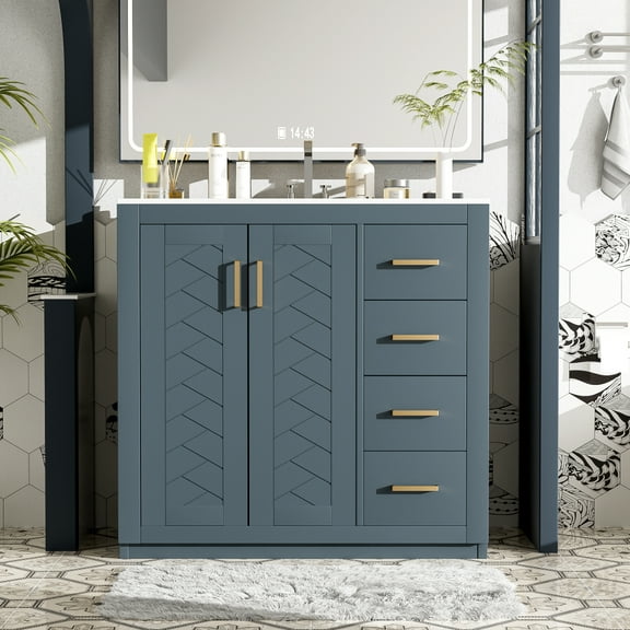 36'' Bathroom Vanity with Ceramic Sink Combo, Solid Wood Frame Bathroom Storage Cabinet, Freestanding Vanity Set with 3 Drawers& Soft Closing Doors