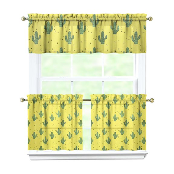 Kitchen Curtains 24 Inch Short - 3 Panel Set, Rod Pocket Window Curtain with Boho Cactus and Succulent Art, 100% Polyester for Farmhouse, Cafe, Kitchen, Bedroom, Easy Wash