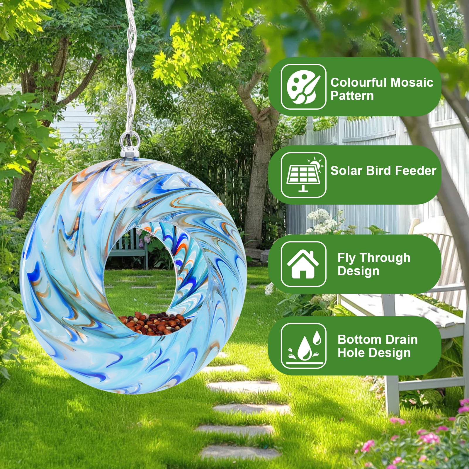 Outdoor Bird Feeder,Swirl Glass Solar Bird Feeder,Fly-Through Design with LED Lights, Decorative Outdoor Accent for Garden & Bird Watching Decor