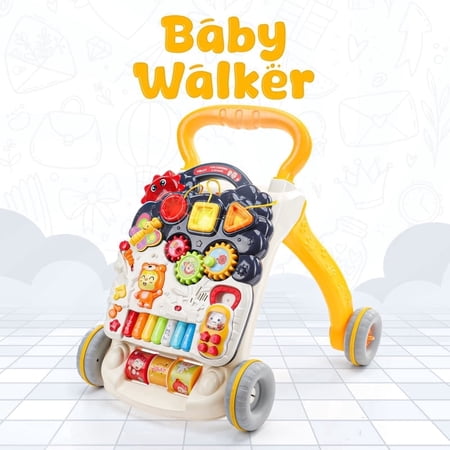 YOLAY 2-in-1 Premium Baby Walker and Activity center for (Girls/Boys) Sit to Stand Learning Walker with Interactive Music Panel for Infants & Toddlers (Yellow)