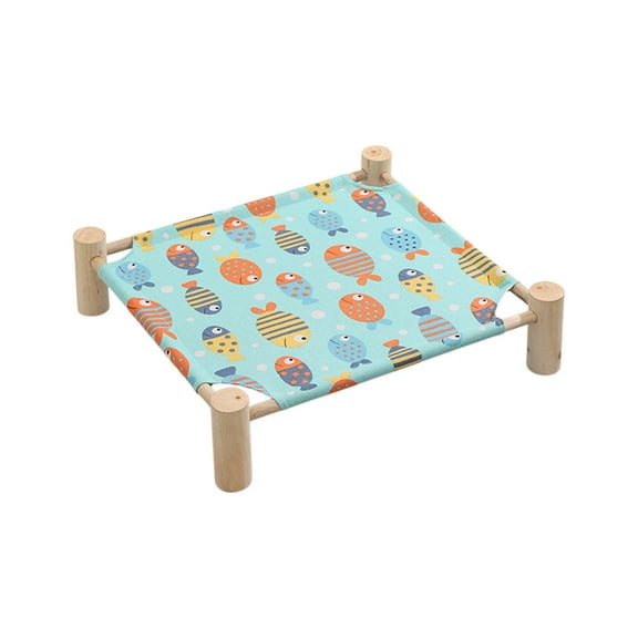 DAMAI Cat/Dog Bed Hammock Cat Bed,Wooden Dog Elevated Indoor Outdoor Beds, Portable Breathable Mesh Cat Beds Easy to Assemble and Store for Small Animals-Cute Fish Doodle Pattern 