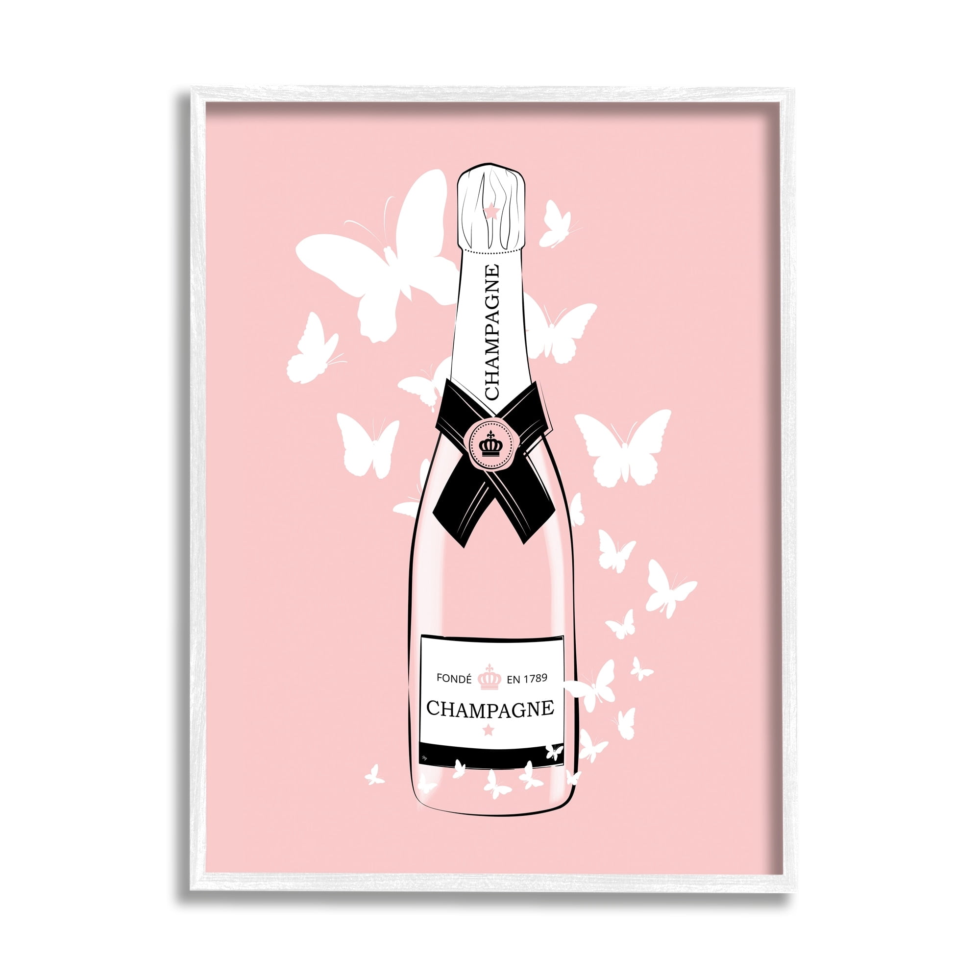 Stupell Industries Pastel Fluttering Butterflies Chic Pink Champagne Bottle Graphic Art White Framed Art Print Wall Art, Design by Martina Pavlova