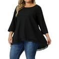 thumbnail image 1 of Blusa Plus Size GRACE & GRANDEUR para Mujeres, Waffle de Manga 3/4, Cuello Redondo, Panel de Encaje, Suelta, Dobladillo Alto-Bajo, 1X Negro, 1 of 1