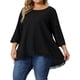 thumbnail image 1 of Blusa Plus Size GRACE & GRANDEUR para Mujeres, Waffle de Manga 3/4, Cuello Redondo, Panel de Encaje, Suelta, Dobladillo Alto-Bajo, 1X Negro, 1 of 1