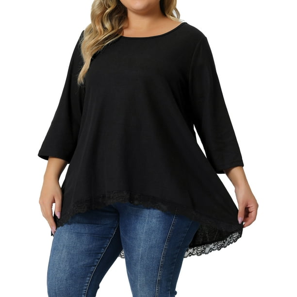 Blusa Plus Size GRACE & GRANDEUR para Mujeres, Waffle de Manga 3/4, Cuello Redondo, Panel de Encaje, Suelta, Dobladillo Alto-Bajo, 1X Negro