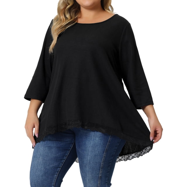Blusa Plus Size GRACE & GRANDEUR para Mujeres, Waffle de Manga 3/4, Cuello Redondo, Panel de Encaje, Suelta, Dobladillo Alto-Bajo, 1X Negro