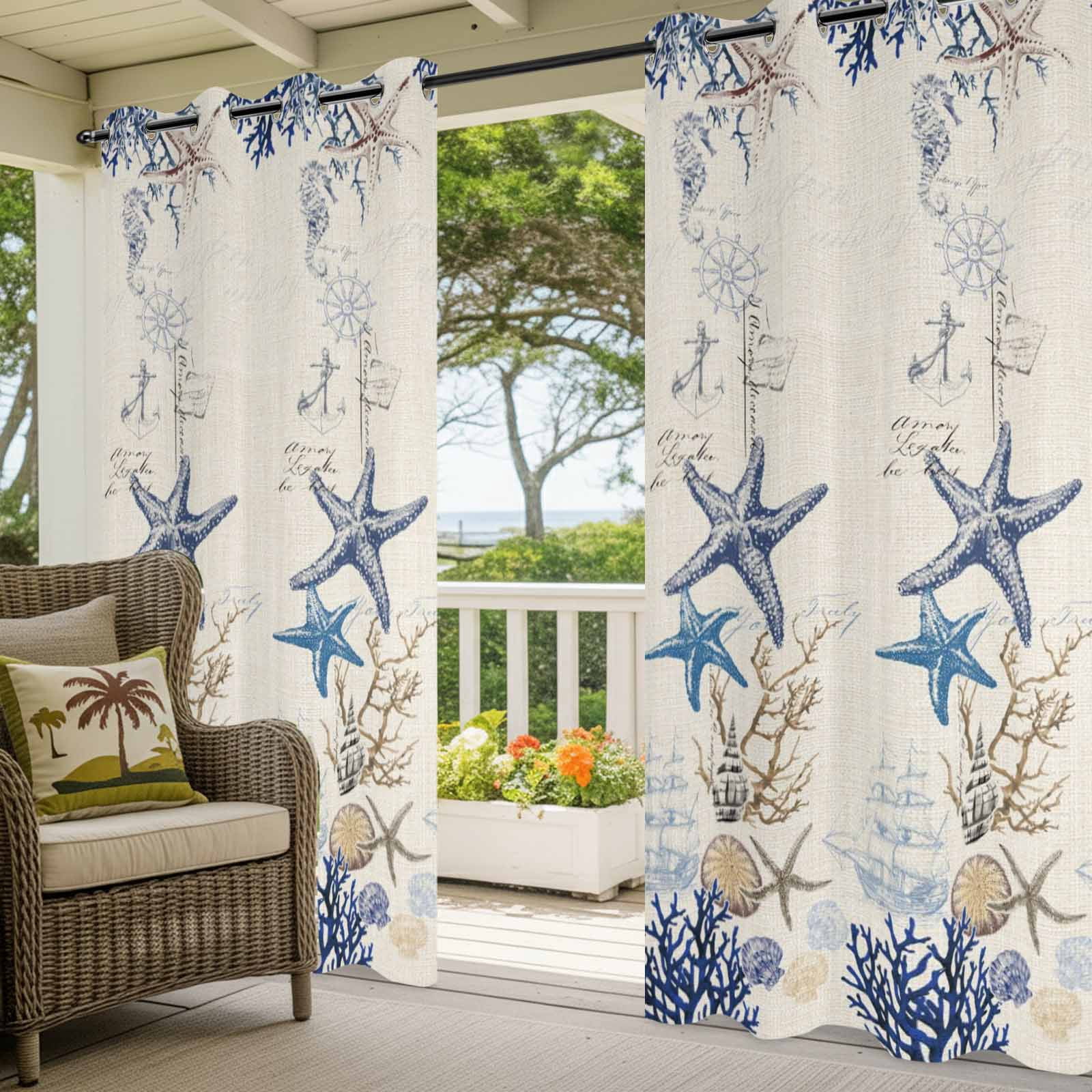 Purple Starfish Outdoor Curtains for Patio, Coastal Ocean Coral Conch Sand Dollars Linen Texture Sunshade Privacy Drapes Grommet Waterproof Outside Curtains for Porch/Cabana/Balcony 54"x108", 1 Panel