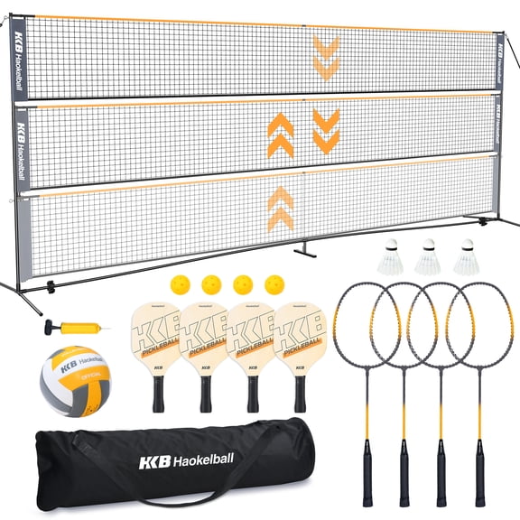 Haokelball 22FT Pickleball Badminton Volleyball Net Set with Adjustable Height Rackets/Balls/Pump for Backyard, Beach
