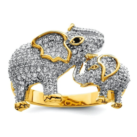 925 Sterling Silver Rhodium Plated Gold Tone Mom and Offspring Cubic Zirconia Elephants Ring Size 7 2.7mm Wide <mm Thick