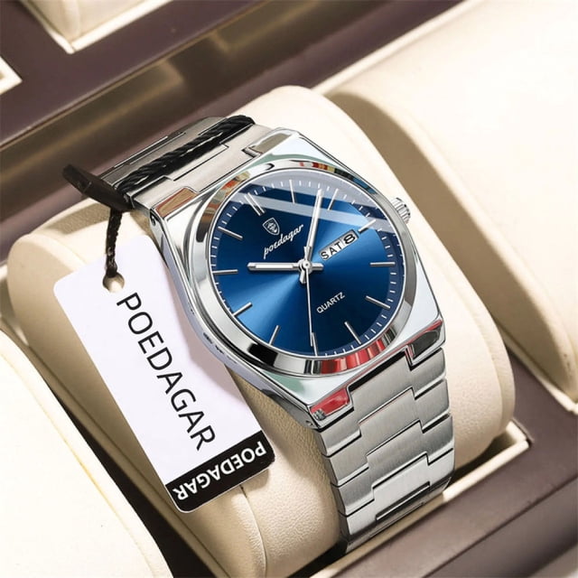 POEDAGAR Montre de Mode pour Homme en Quartz Bleu en Acier Inoxydable Analogique Étanche Lumineuse avec Date