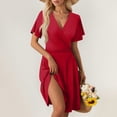 thumbnail image 2 of WTOBBY Women's Summer Loose Beach Vacation Casual Deep V-Neck Elegant Skirt Dress with Solid Color Design for Evening Outings,Red 2XL, 2 of 5